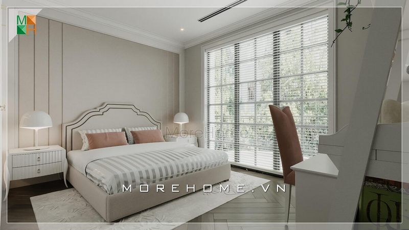 Mẫu giường ngủ hiện đại sang trọng được bọc da cao cấp và phần tap đầu giường lớn đầy ấn tượng trong phòng ngủ của biệt thự, nhà phố